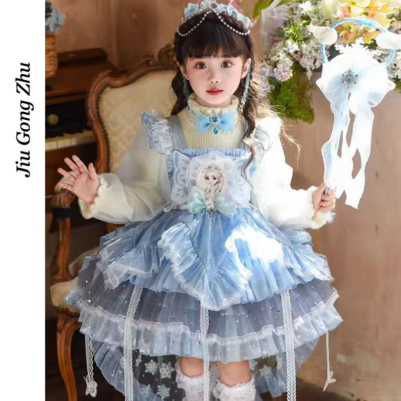 千金风女四季连衣裙爱莎公主裙子公主裙印花蓝色日常