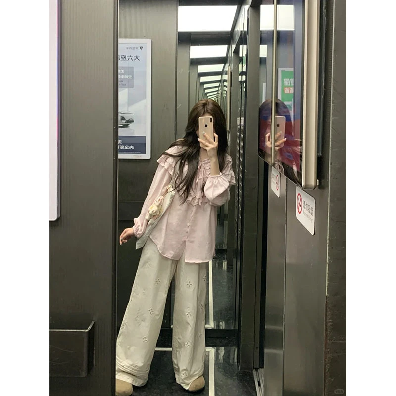 2025秋夏季新款修身显瘦气质时尚长袖衬衫上衣休闲简约宽松长裤女