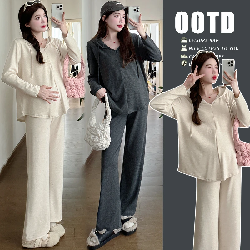 孕妇装秋装套装2025新款韩版运动慵懒风半拉链连帽上衣长裤两件套