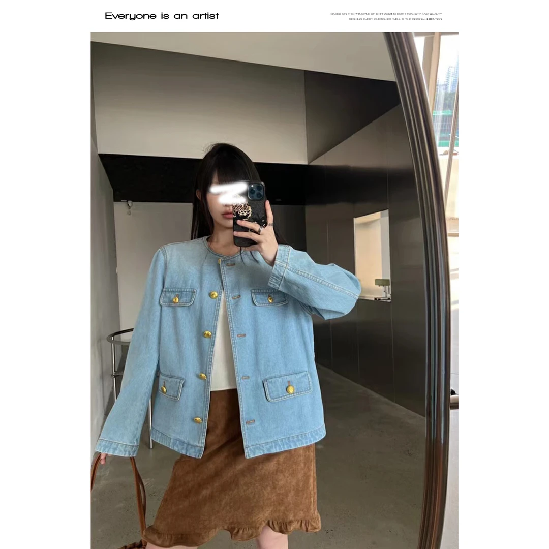 61536小香风牛仔外套重工气质浮雕扣上衣