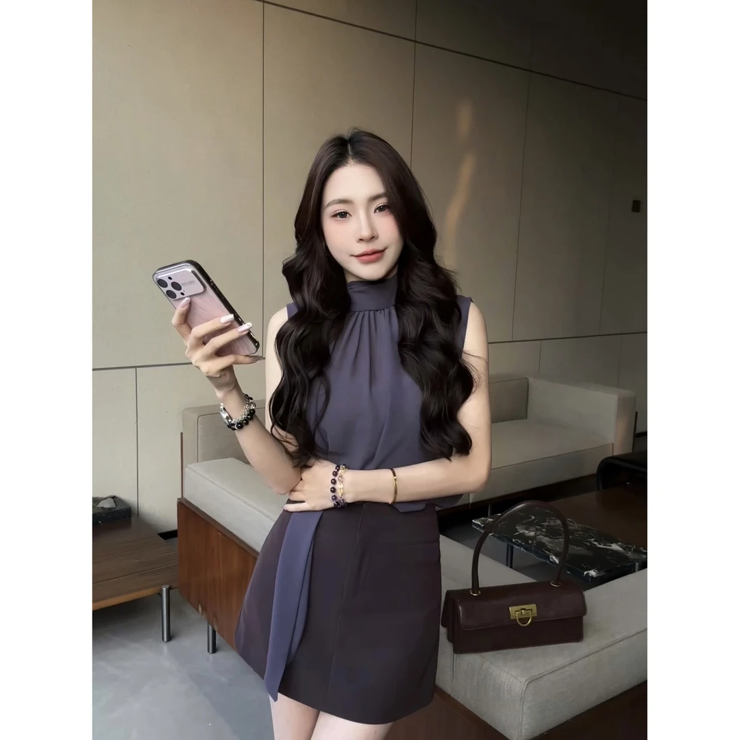 御姐轻熟风套装气质紫色无袖衬衫女夏季包臀短裙两件套