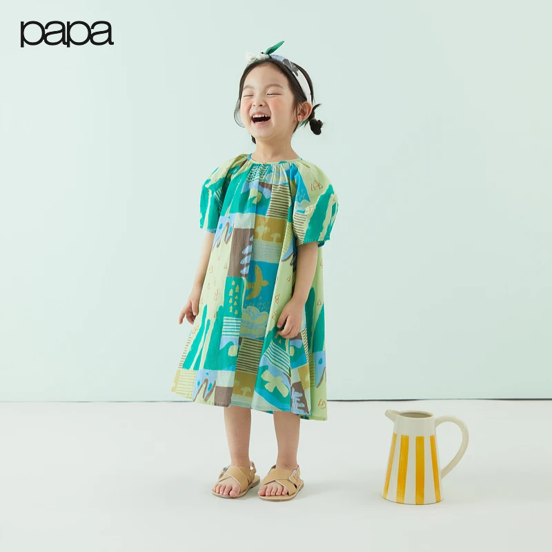 papa爬爬短袖印花碎花女休闲风连衣裙纯棉童装夏装