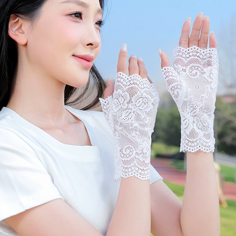 防晒开车蕾丝女手套夏薄款半指防紫外线半截手套露指舞蹈礼仪时尚
