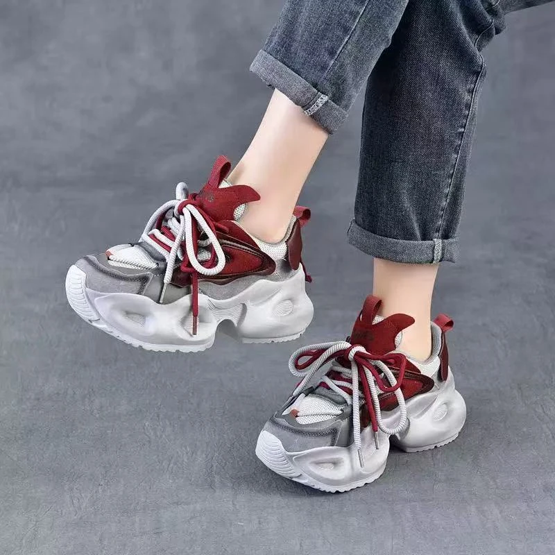 3039-2百春季新款牛皮复古拼色松糕厚底运动休闲单鞋轻便老爹鞋女