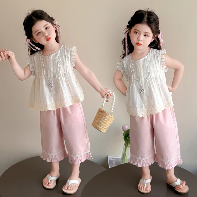 女童夏季薄款花边套装2025新款儿童装女宝宝洋气无袖阔腿裤两件套