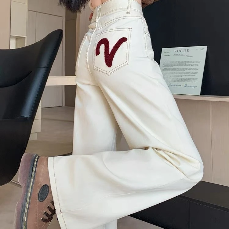 高腰宽松白色直筒牛仔阔腿裤女款显高显瘦遮肉时尚百搭5698垂感