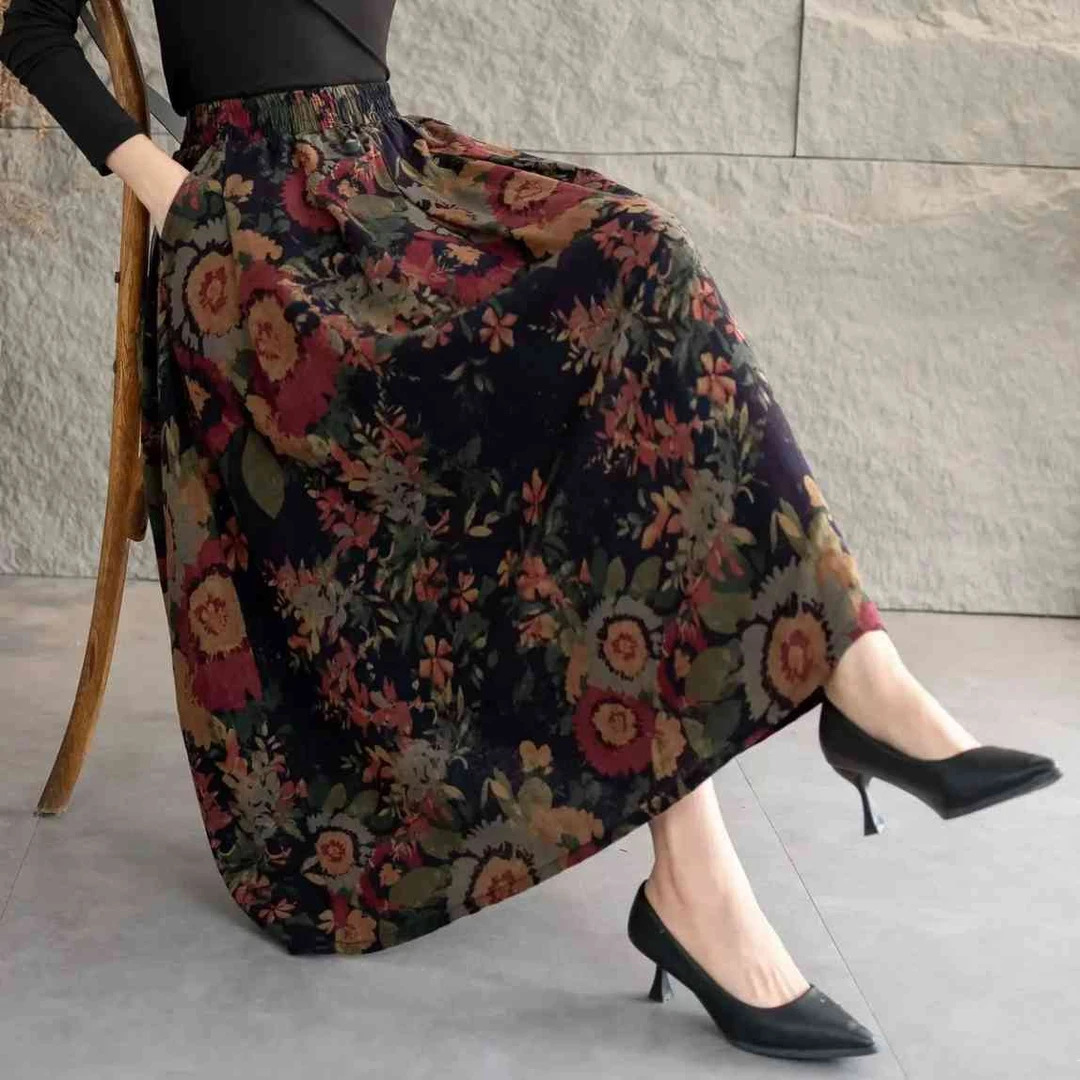 红向日葵棉麻碎花半身裙夏季新款中年妈妈装洋气A字大摆裙高腰裙