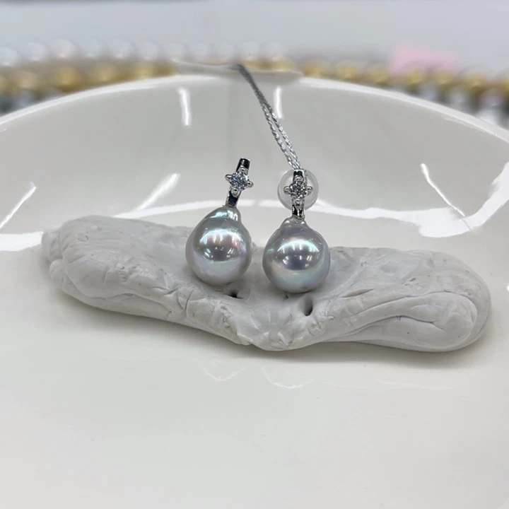 银S925镶嵌耳饰海水珍珠真多麻8-9m 66号