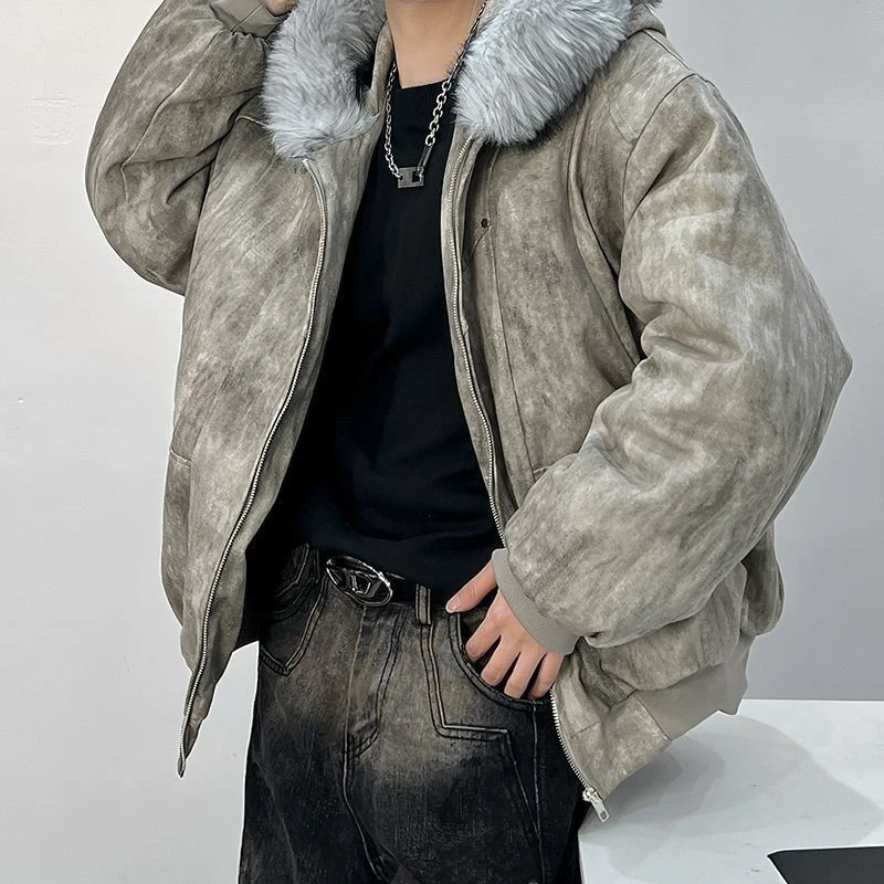 潮牌高端棉衣潮牌座山雕冬季扎染染色连帽加厚保暖毛领夹棉氛围女