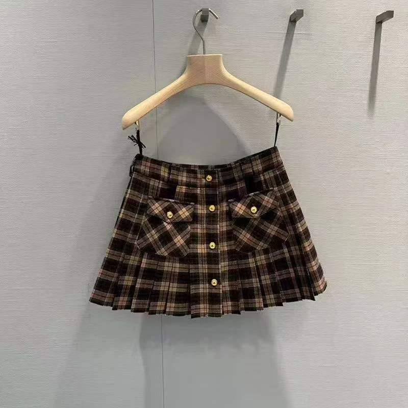 GXW25SS M小姐甜美减龄格纹高腰百褶半身裙