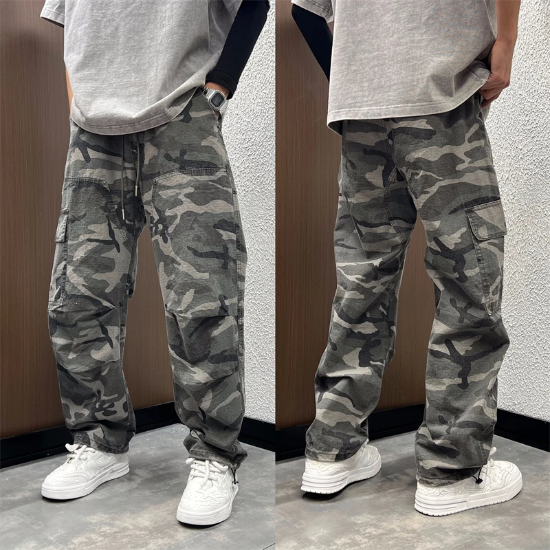 2025夏季薄款透气速干宽松户外机能工装迷彩拼接休闲垂感直筒裤男