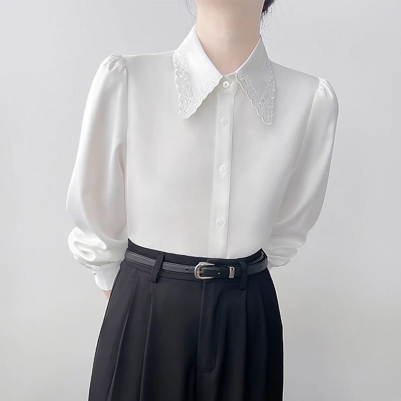Q592通勤刺绣女士法式白色正装衬衫女装百搭上衣秋季新款衬衣职业