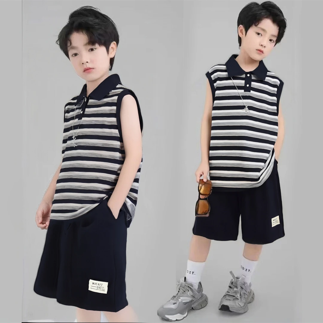 男童夏装无袖套装2025新款大童休闲男孩夏季条纹polo衫背心薄款潮