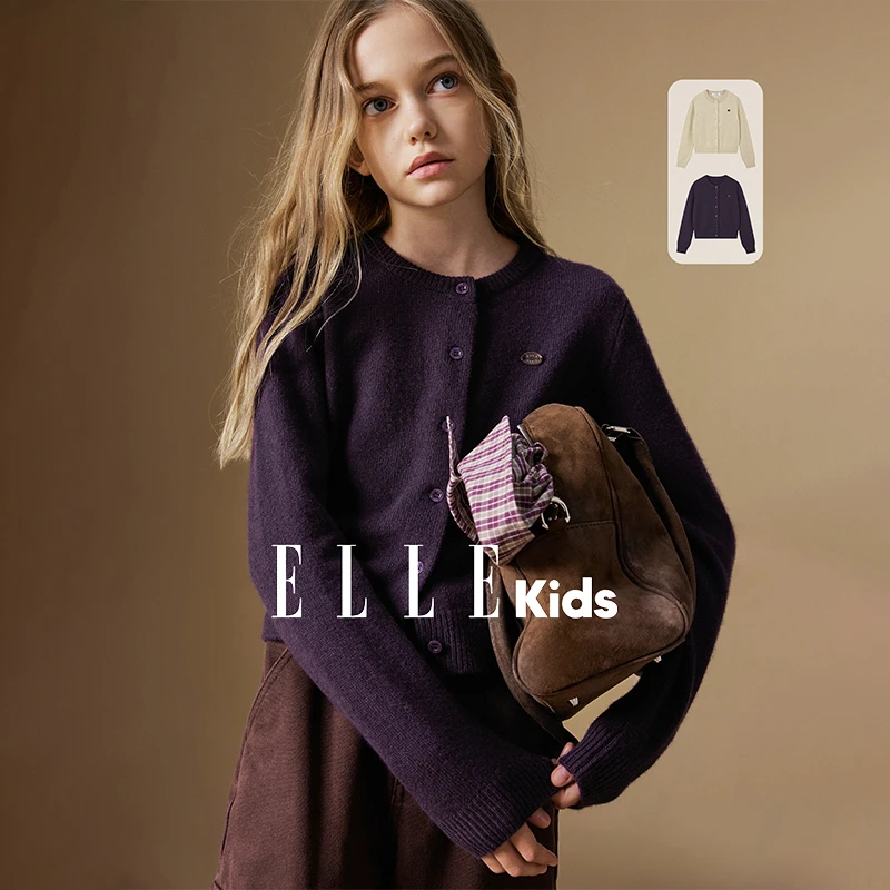 ELLE KIDS 羊毛混纺针织开衫女儿童秋季新款经典圆领正肩毛衣Q5