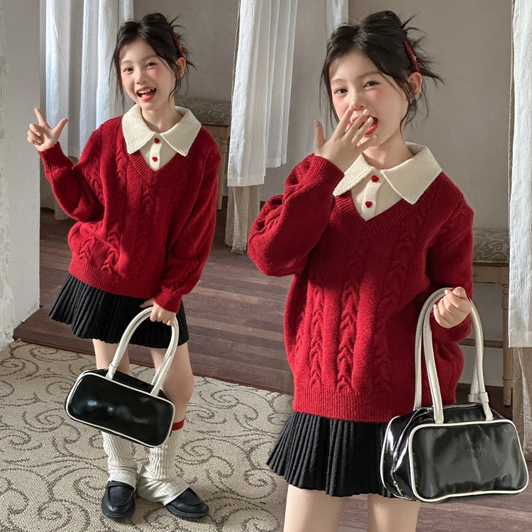女童假两件毛衣2025秋冬新款中大童加厚毛线衣新年红色针织打底衫