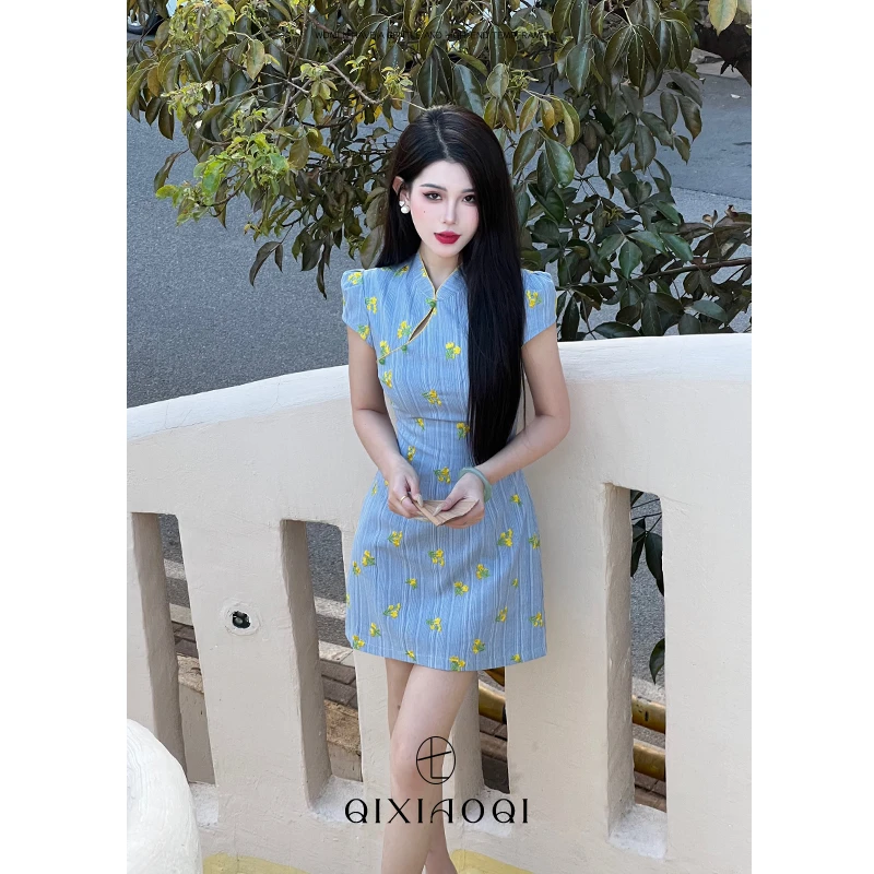 七小七Sicily【拾花令】新中式国风蓝色碎花气质改良旗袍连衣裙女