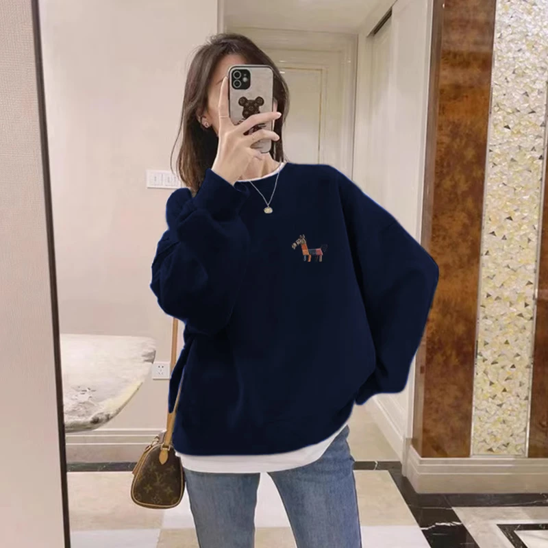 假两件圆领卫衣女2025秋冬新款宽松中长款遮屁股加绒加厚拼接上衣