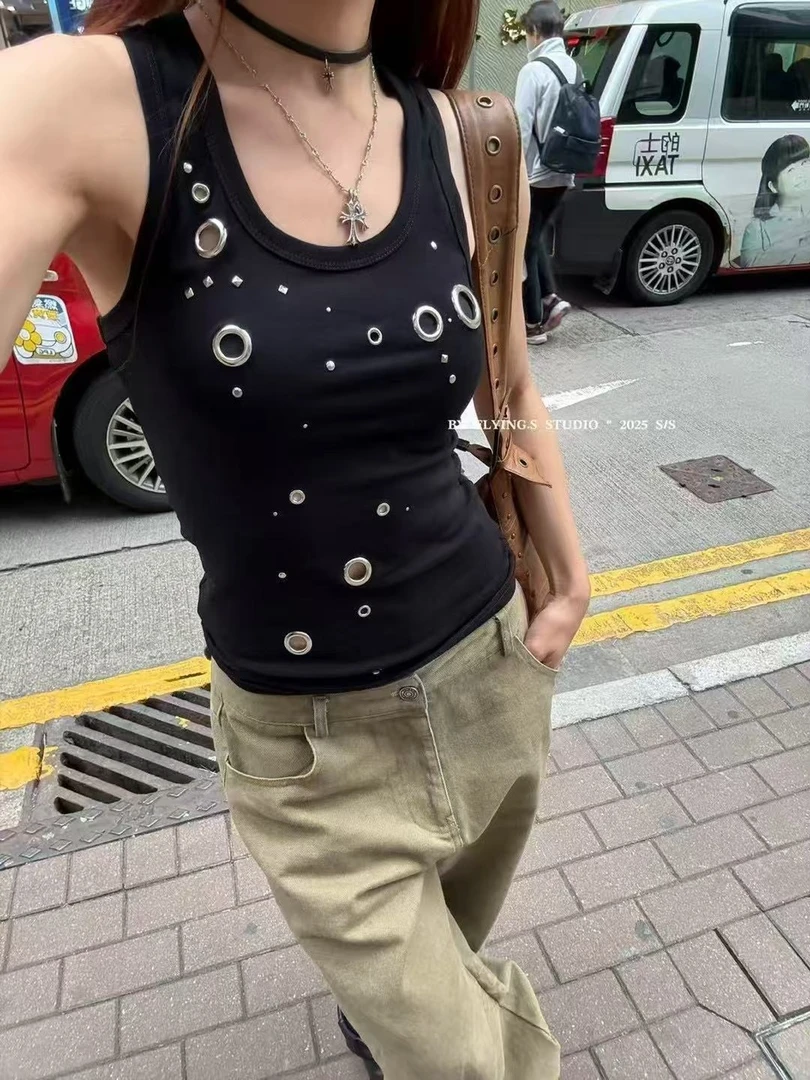 十三行2025夏季新款韩版时尚修身显瘦铆钉镂空无袖背心T恤女上衣