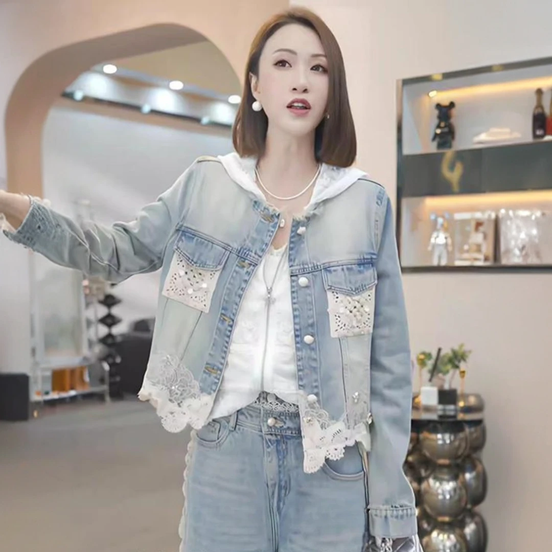 欧货重工钉珠蕾丝花边牛仔短外套女2025春季新款洋气百搭宽松上衣