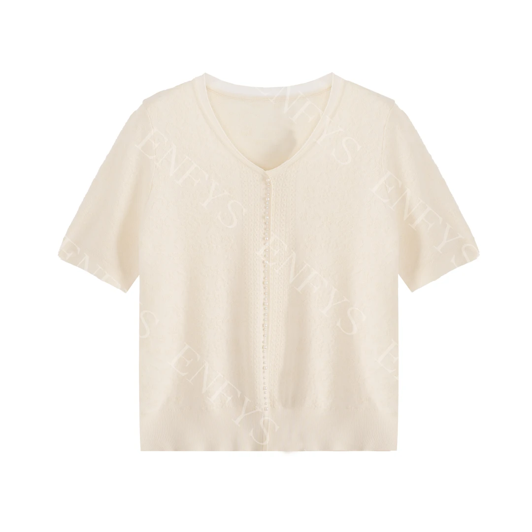 【双姐】法式莱赛尔天丝V领针织短袖设计感提花小衫上衣8509