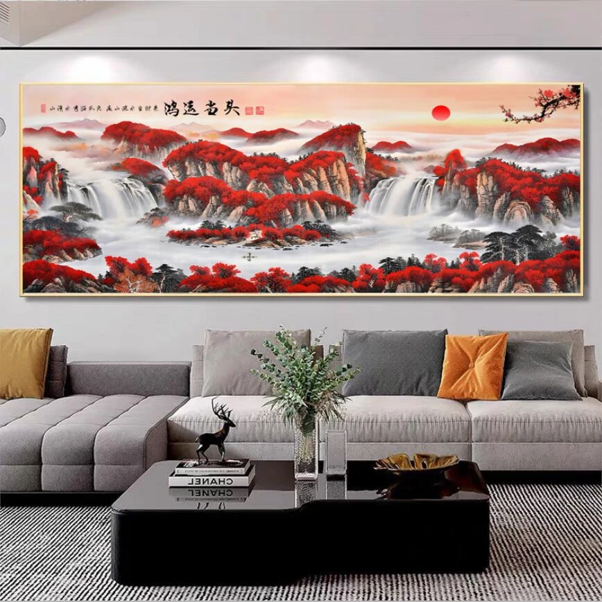 鸿运当头横幅装饰画新款山水聚宝盆客厅沙发办公室壁画餐厅挂画