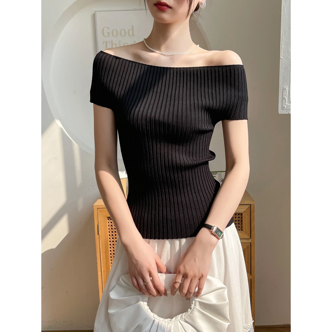 黑色针织短袖女t恤2025新款夏气质显瘦内搭打底一字肩上衣高级感