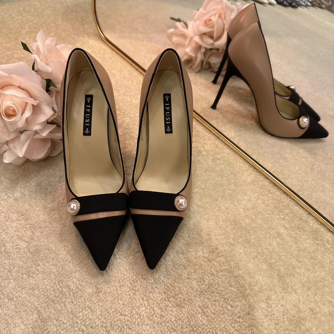 【断码特价】珍珠小香 轻奢真皮尖头平底单鞋高跟鞋 2015-670