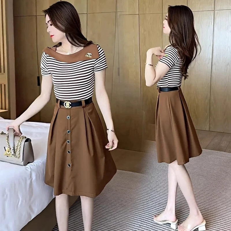 减龄时尚拼接a字连衣裙女夏季高级感洋气显瘦收腰假两件短袖裙子