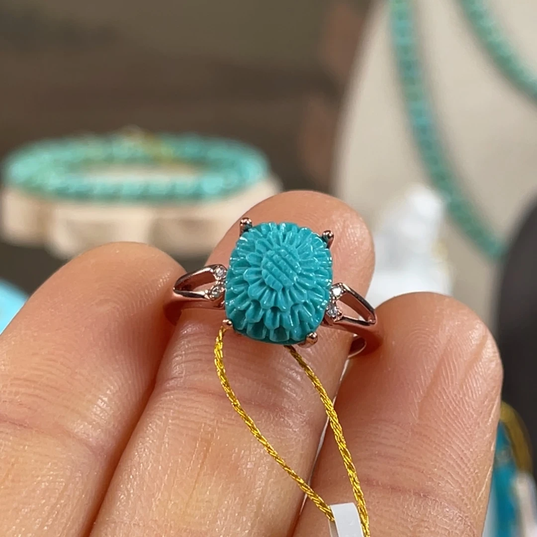 绿松石银S925镀金镶嵌套链格桑花精美戒指