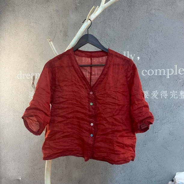 短款彩色扣子洋气百搭苎麻衫69111