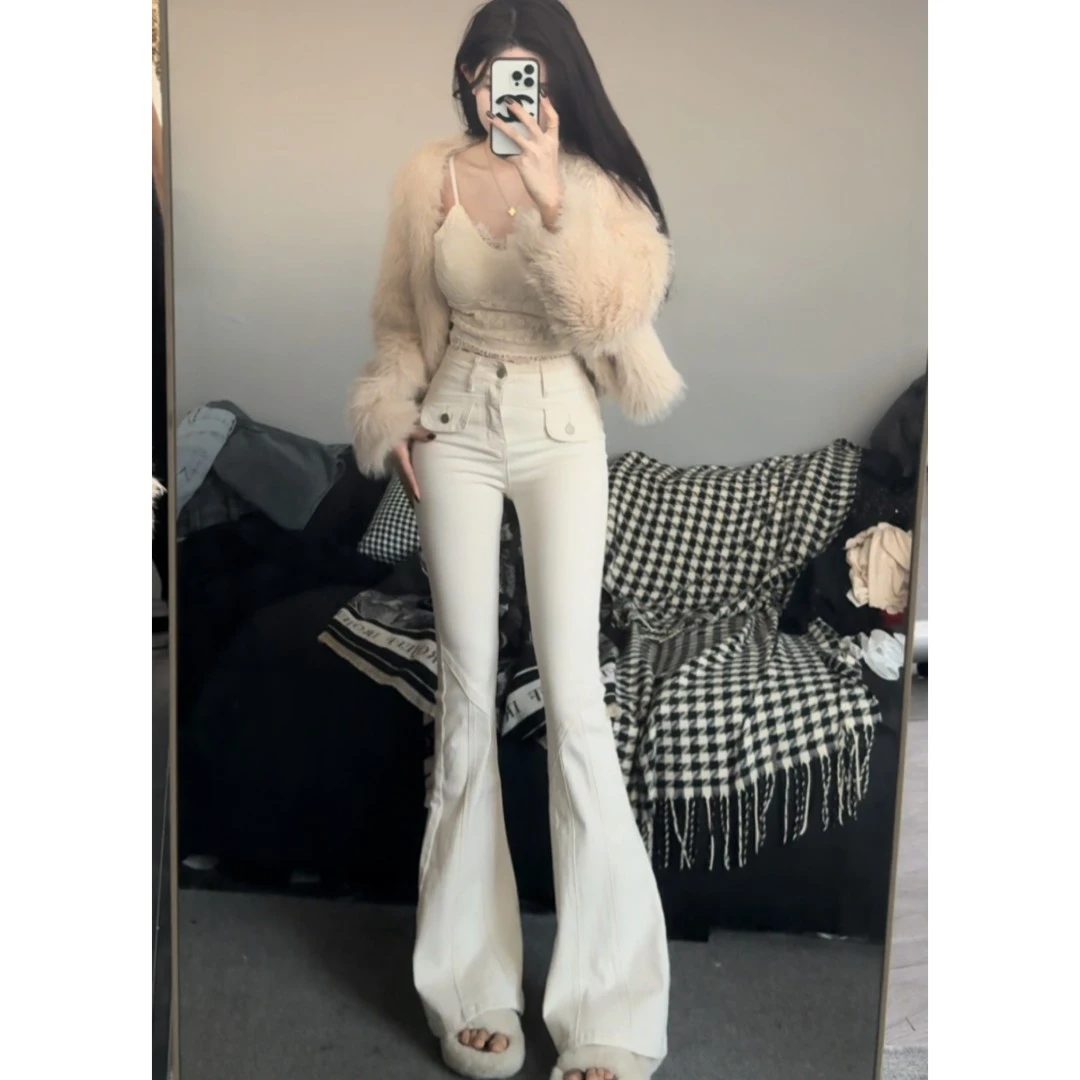 米白色高腰微喇牛仔裤女2025夏季新款弹力修身显高显瘦喇叭长裤