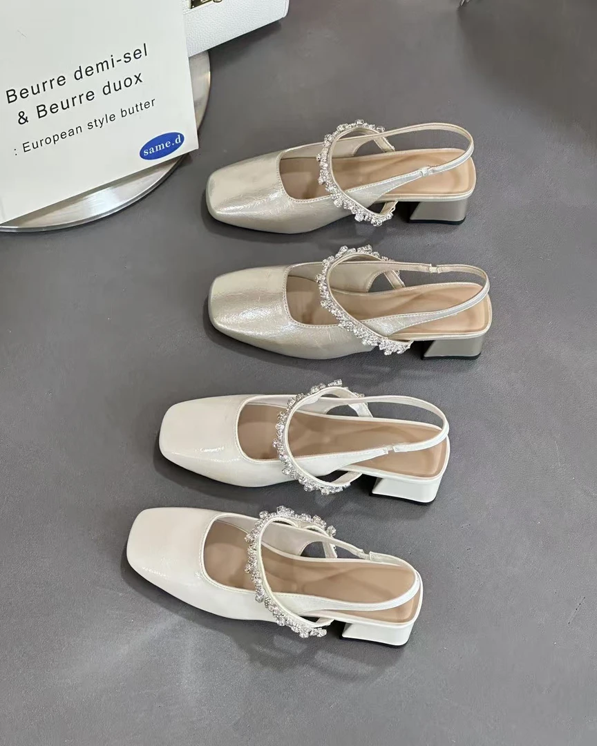 〖古尚女鞋〗3387女包头水钻中跟方头时装凉鞋夏季千金风一脚蹬女鞋