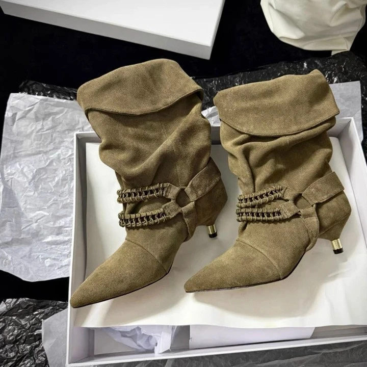 短靴过膝时尚高筒尖头牛仔靴瘦瘦靴女款成现货绒面中跟长筒低筒