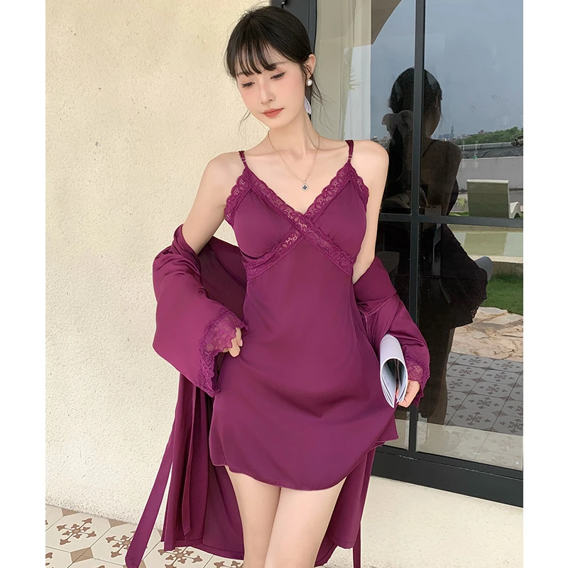 带胸垫睡衣女夏季性感蕾丝镂空吊带睡裙睡袍春秋冰丝两件套家居服