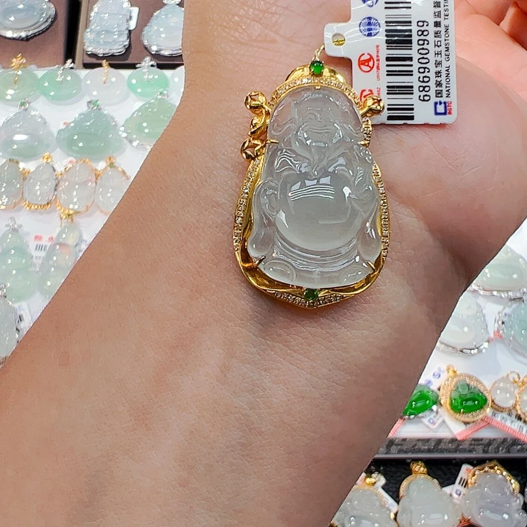 翡翠18K金镶嵌吊坠(不含链)财神爷