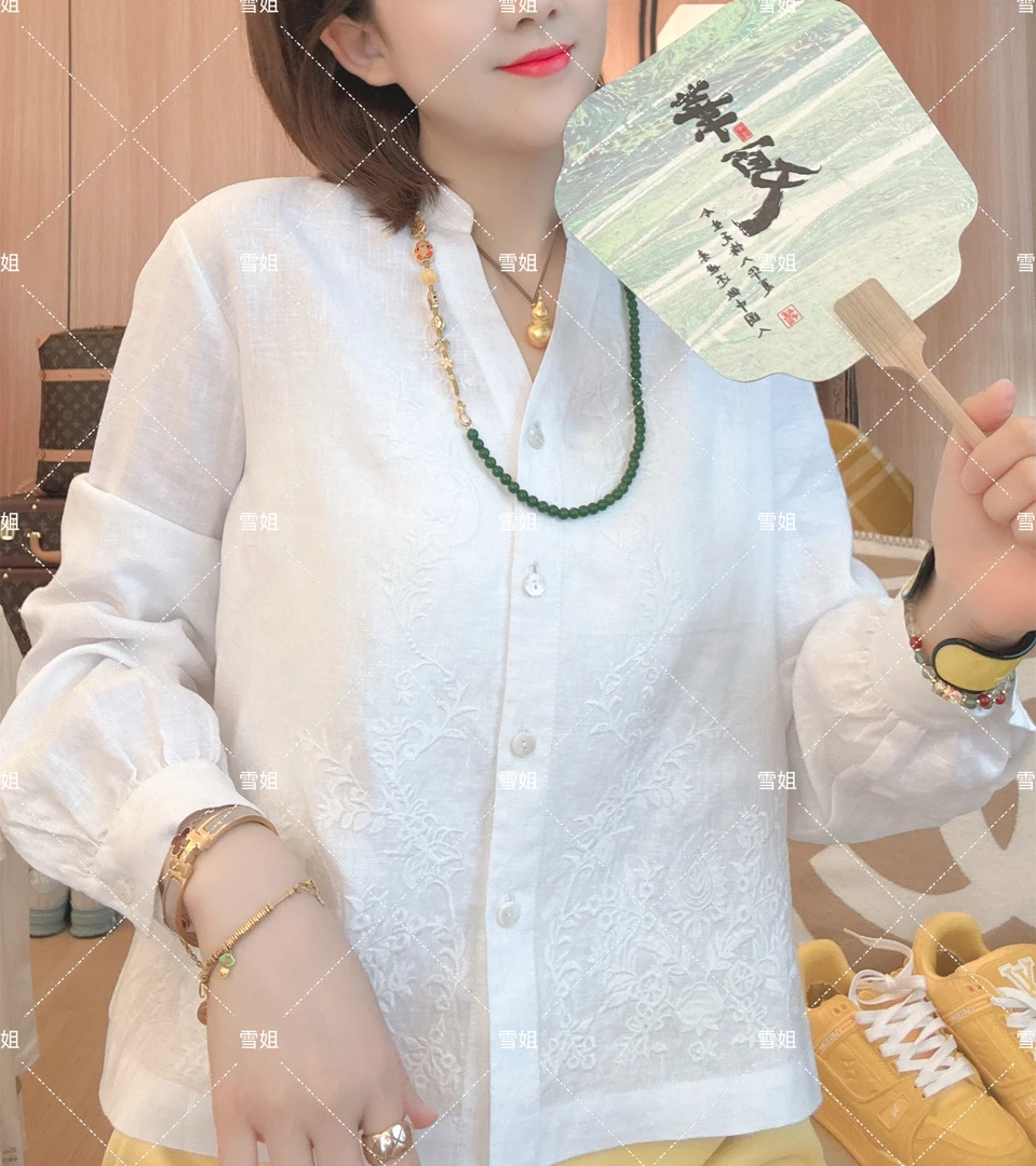 雪姐服饰「花卉亚麻衬衫」100亚麻新款设计感小众刺绣花长袖衬衫