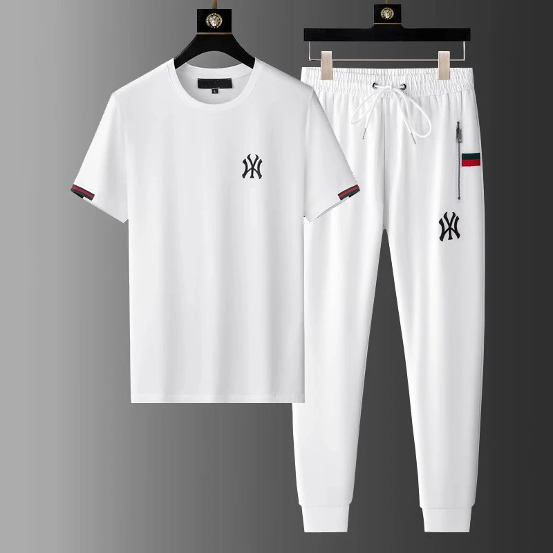 基密雷昂夏季男丝光棉薄款时尚刺绣短袖T恤青年帅气休闲运动套装