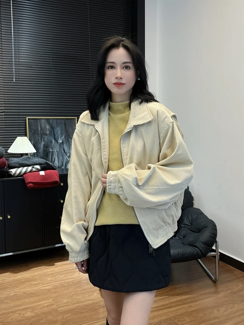 【Si&华严选】韩版复古时尚休闲百搭翻领拉链灯芯绒棉服外套8177