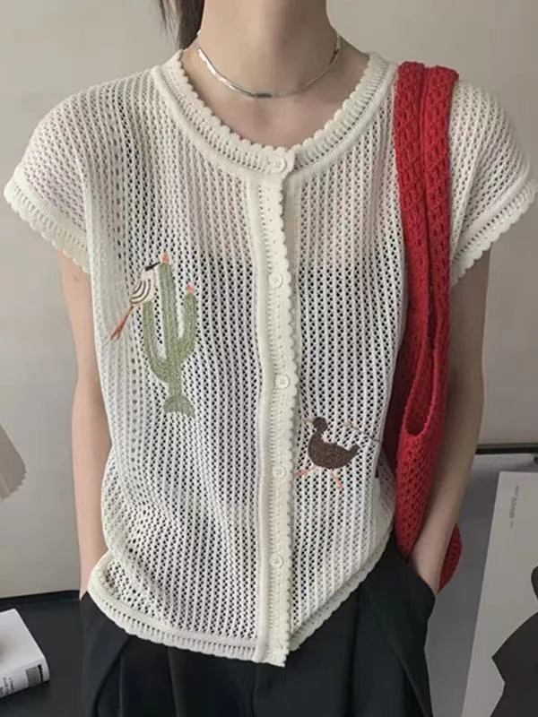毛针织衫短袖镂空设计感宽松纯色夏季无袖圆领薄款女2790