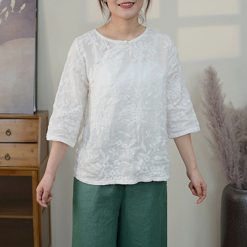 衣米苏荷【9843-4】-[圆领]-女式苎麻精致刺绣中袖T恤茶服小衫