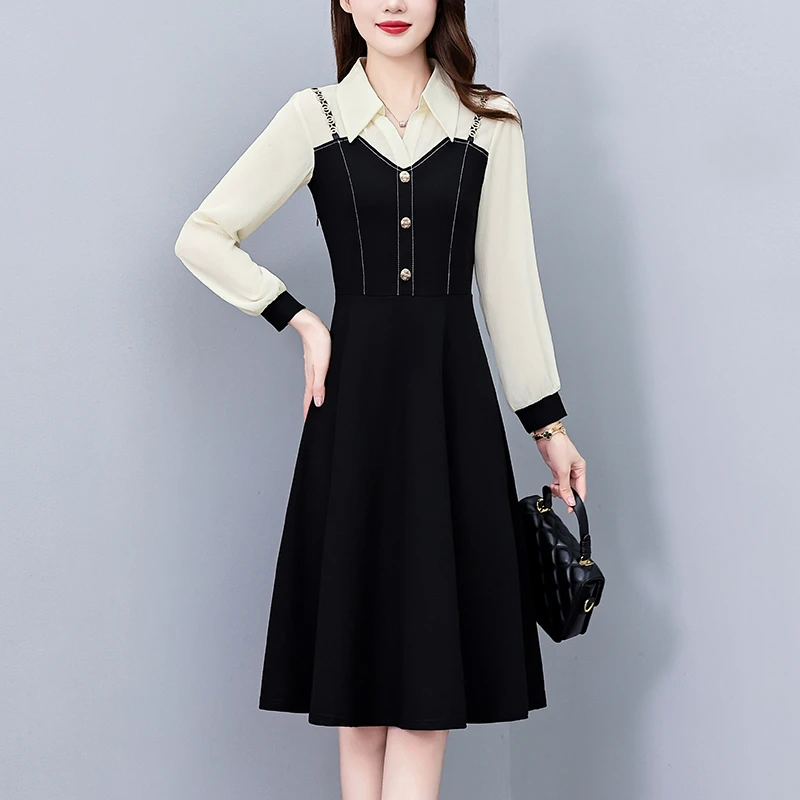 高端假两件套长袖连衣裙修身中长款大码女装时尚洋气春秋季裙子