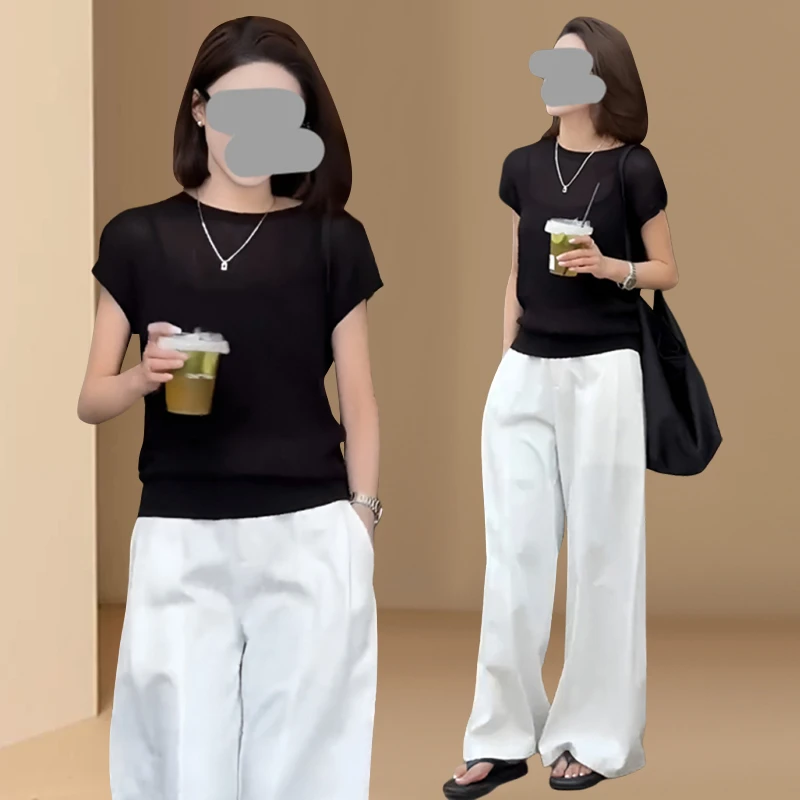 夏装搭配一整套时尚松弛感穿搭小个子洋气减龄黑色上衣阔腿裤套装