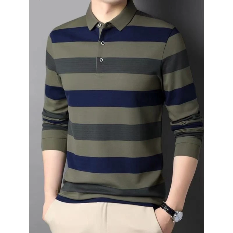 DeweLvum匠心制作！一眼就爱上!条纹休闲商务宽松翻领POLO衫长袖男