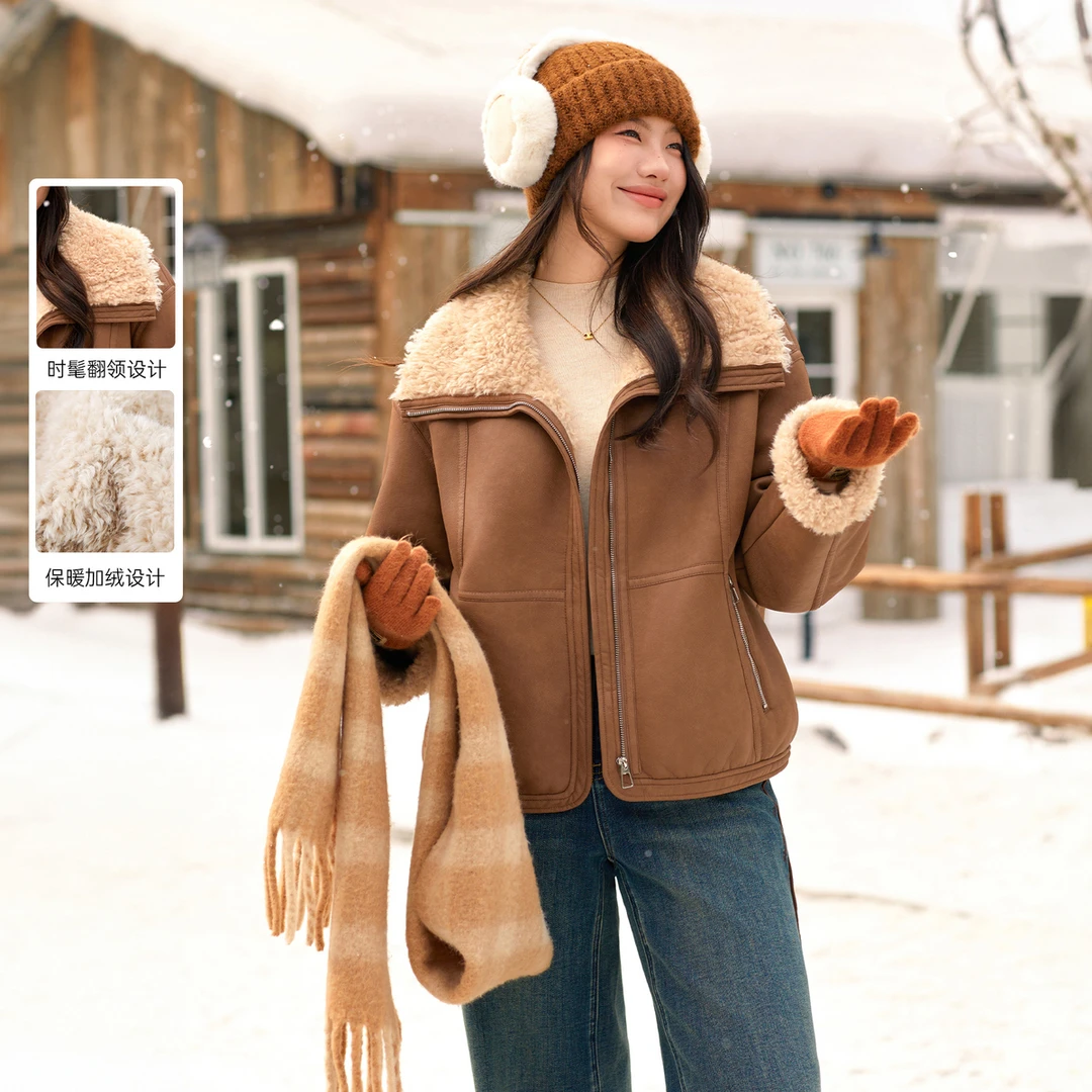 【慵懒雅丹风皮毛一体工艺保暖外套】纤莉秀E大码女装外套QK1148