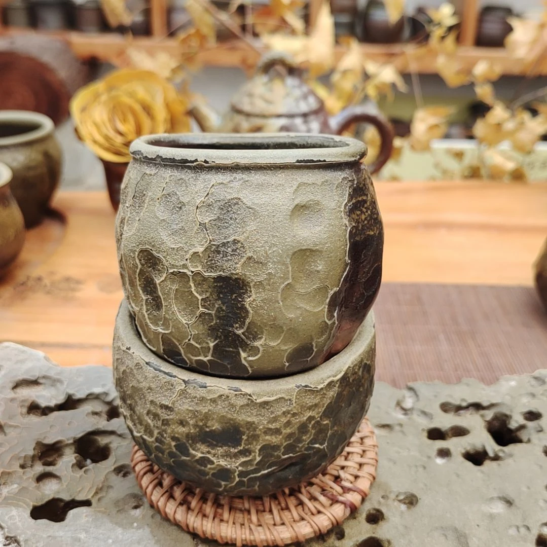坭兴陶纯柴烧全手锤纹杯2个