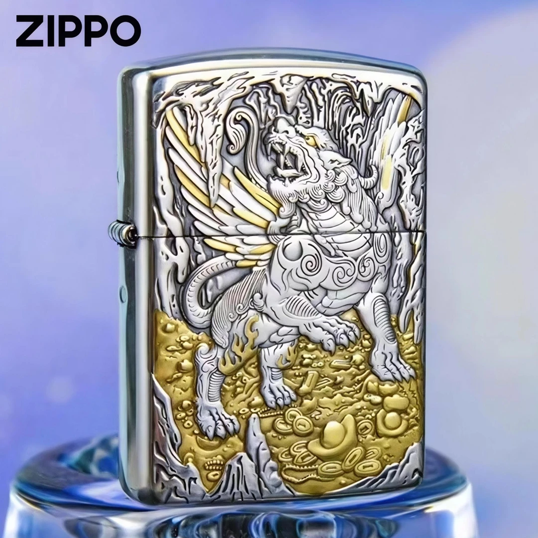 【老李鉴定】Zippo打火机正版盔甲镀银古法鎏金工艺浮雕天禄貔貅