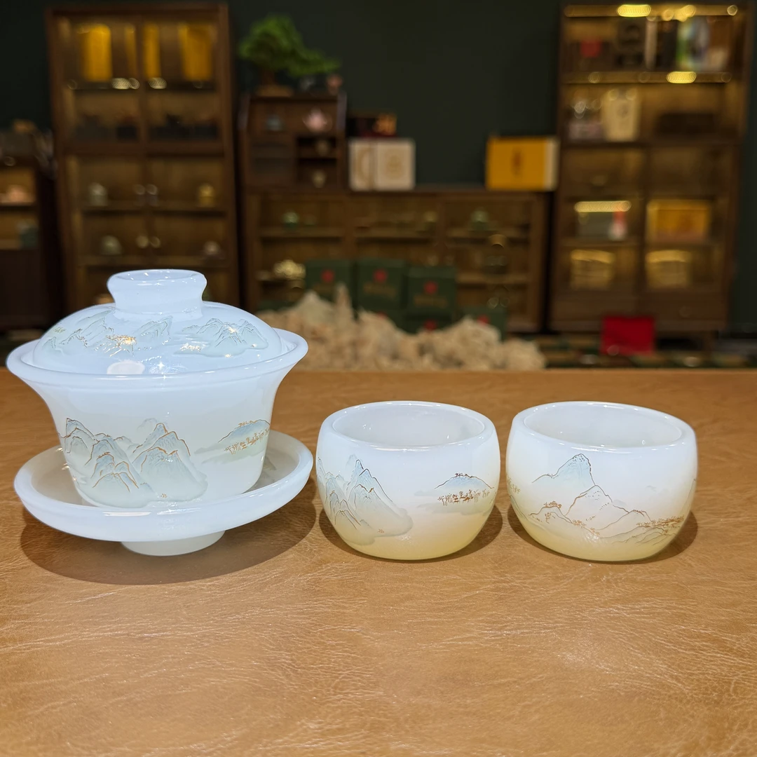 ZH2073-千里江山琉璃盖碗+两个千里江山琉璃杯