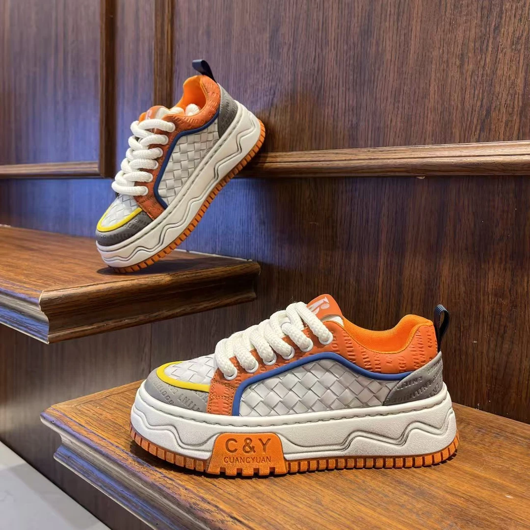 男鞋潮流厚底百搭拼色复古风做旧擦色休闲板鞋低帮增高时尚潮男鞋