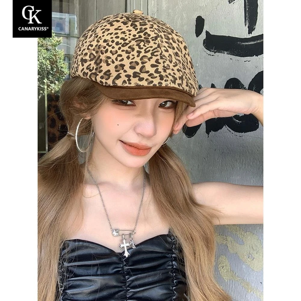 Canary Kiss美式复古街头豹纹前进帽女秋季辣妹风显脸小贝雷帽子