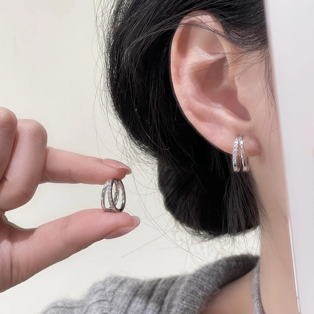 铜合金耳饰 银色满钻双层C圈耳扣耳钉气质简约锆石耳环925银针女